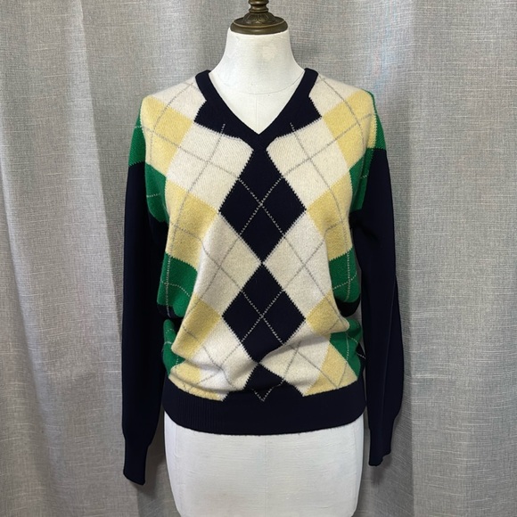 NWT Vintage Cashmere V-Neck Sweater-Wmns Euro 38-Navy Yellow Green Argyle Print - Picture 2 of 16